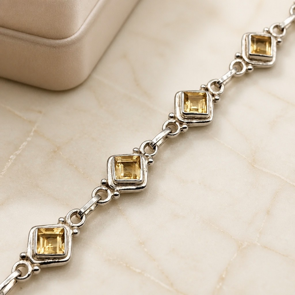 925 Sterling Silver Citrine Link Bracelet Geometric Square Princess Cut 8.25in