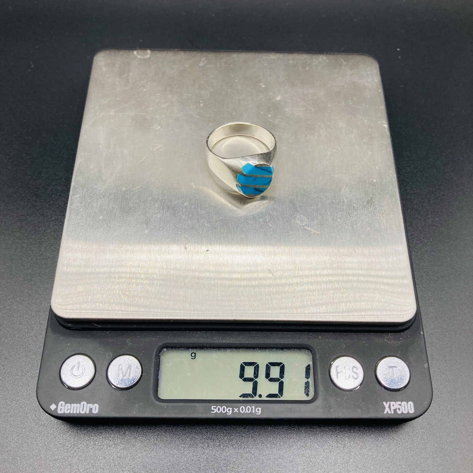 Vintage Taxco 925 Sterling Silver Turquoise Signet Ring Size 10 Linear Inlay 9g
