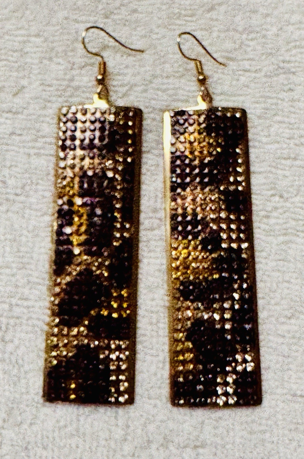 Gold Black Rhinestone Rectangle Leopard Print Pierced Earrings e484