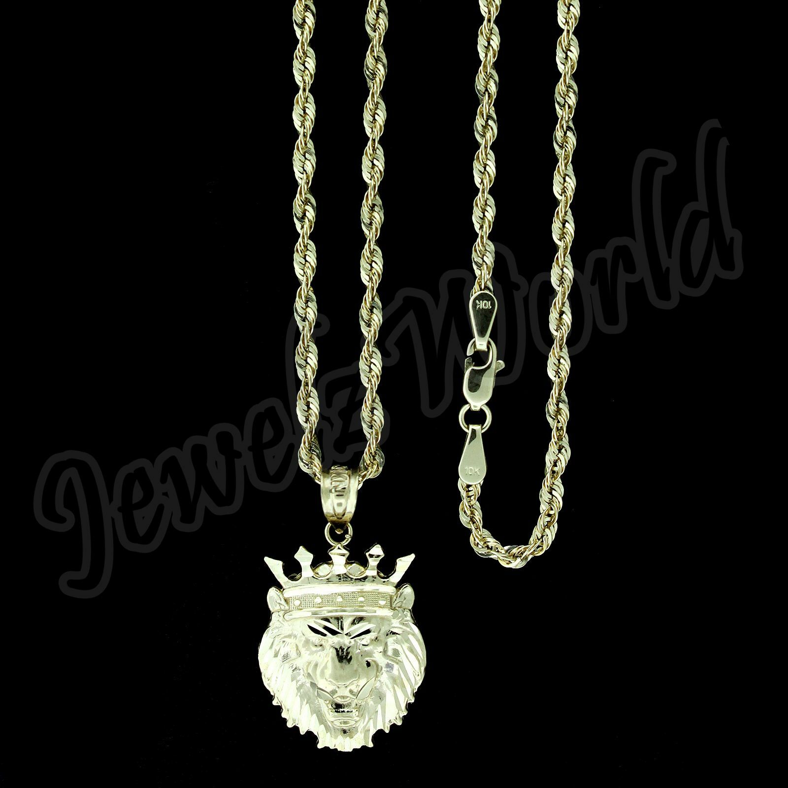 10K Yellow Gold Men’s Crown Lion Head Charm Pendant Diamond Cut & Rope Chain