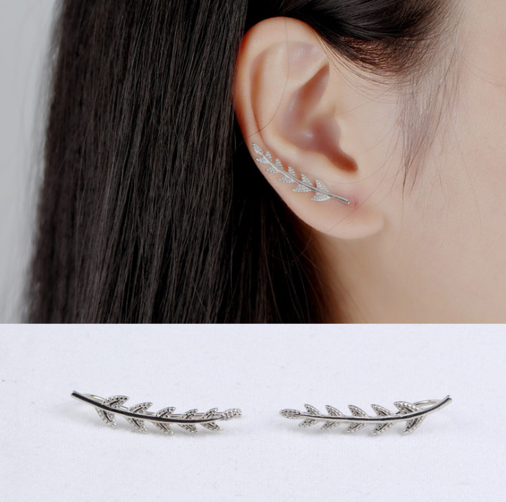 18K Gold 925 Sterling Silver Crawler Ear Climber Leaf Cuff Ear Stud Earrings B21