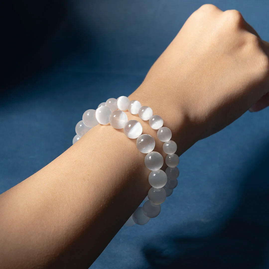 White Selenite Cat Eye Beaded Bracelet Purity Protection Gift For Women Men 8mm