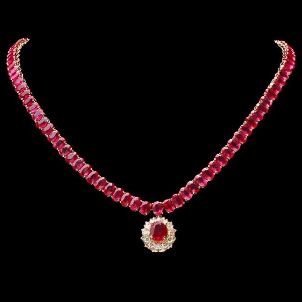 Stunning 14K Yellow Gold Natural Ruby & Diamond Necklace – 65.5 CTW Rubies