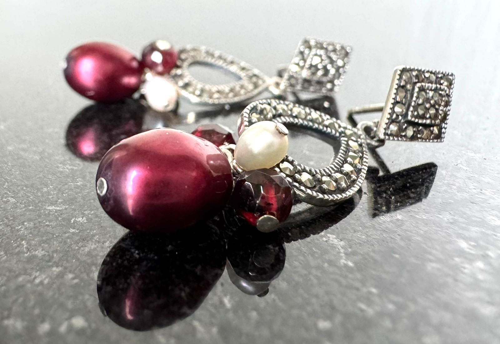 Vintage 925 Sterling Silver Marcasite Burgundy Dangle Earrings