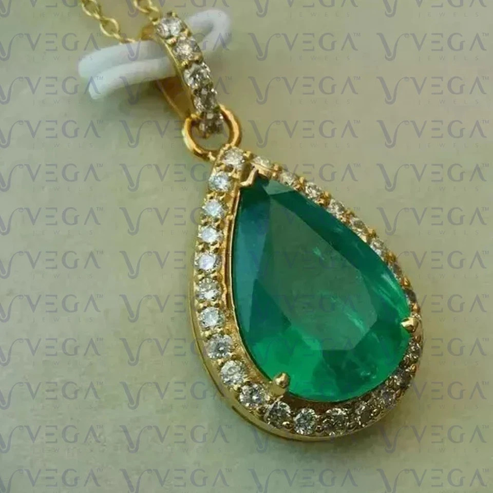 3.42 Ct Pear Cut Emerald Pendant Wedding Pendant 14K Yellow Gold