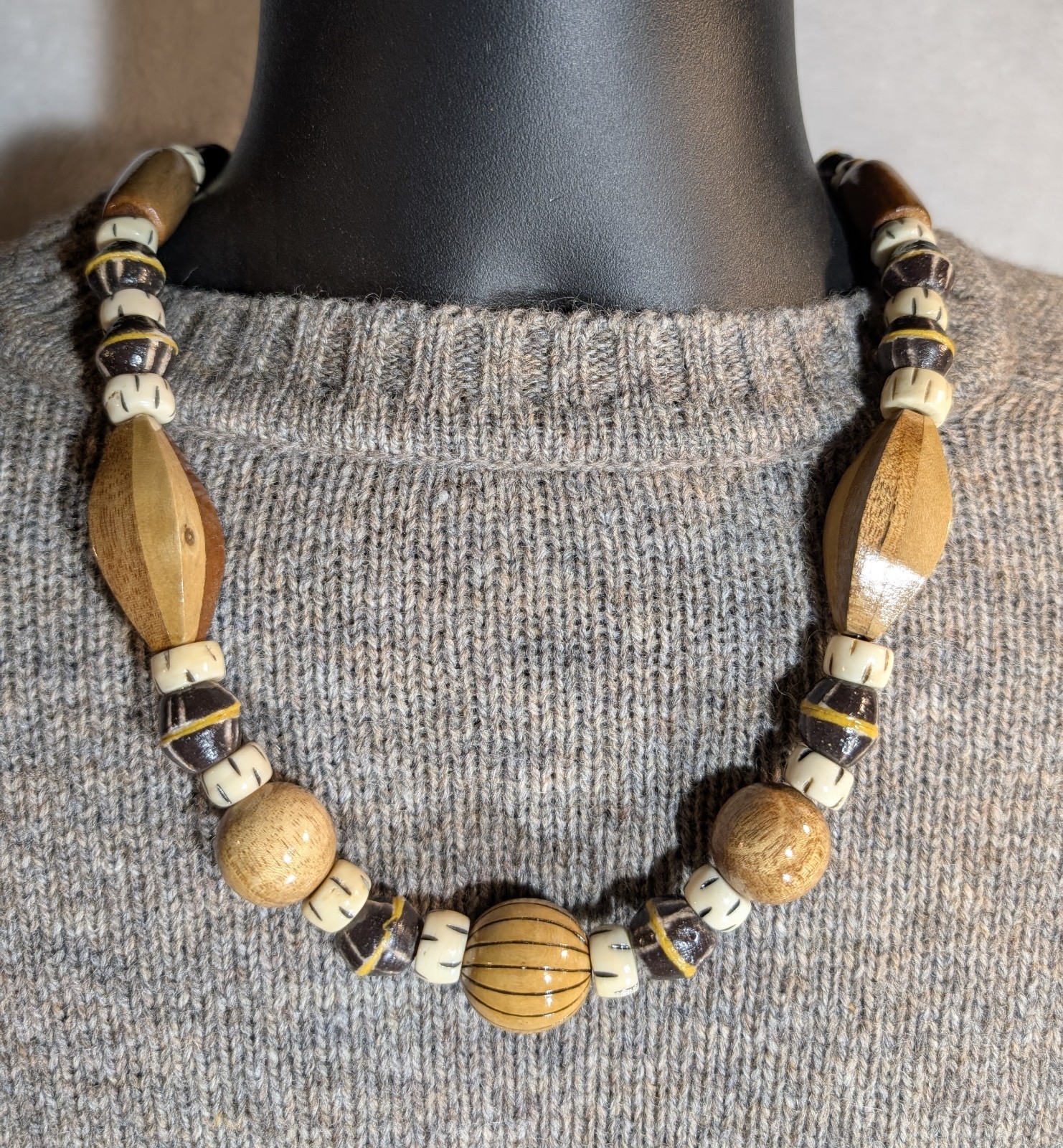 Tribal Wood Bead Necklace, African Krobo Bicone, Bone, Men’s 23in, Earth Tones