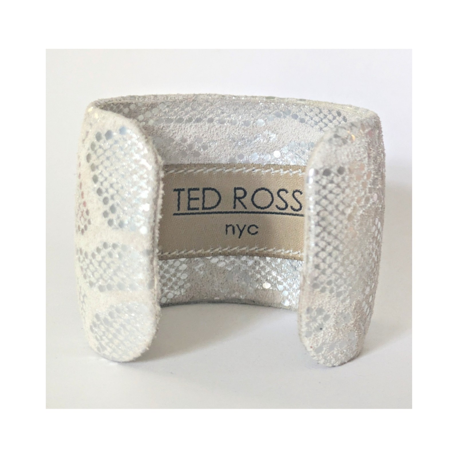 TED ROSSI NYC White & Silver Embossed Python Snake Skin Wide Cuff Bracelet