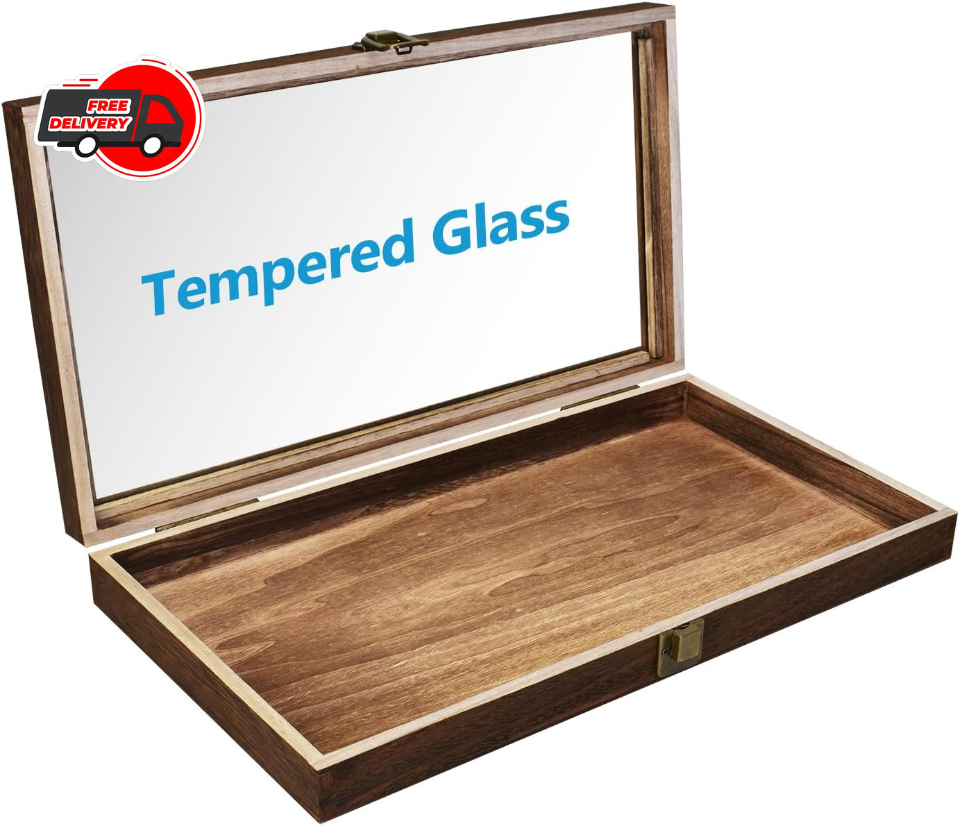 Wooden Jewelry display case with Tempered Glass Top Lid, Brown ,15×8.5×2 Inches