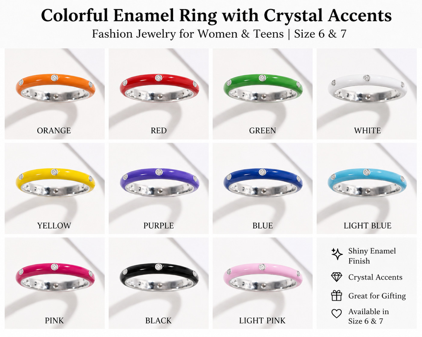 Stackable Enamel Ring with Stone Colorful Womens Fashion Ring Teens Gift Color