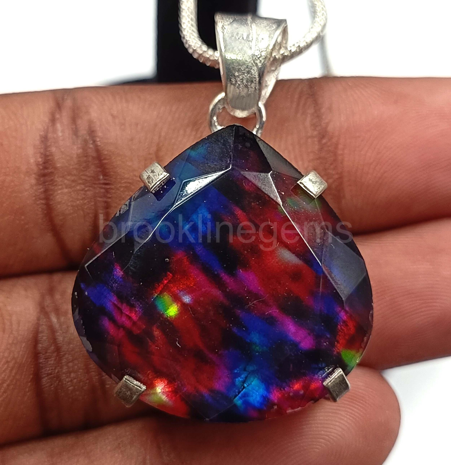 74.65 Ct Pear Natural Ammolite Doublet 925 Silver Pendant EGL Gemstone 5AOR