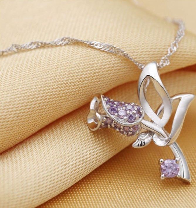 Sterling Silver Purple Rose Amethyst Flower Pendant Chain Necklace Love Gift L22