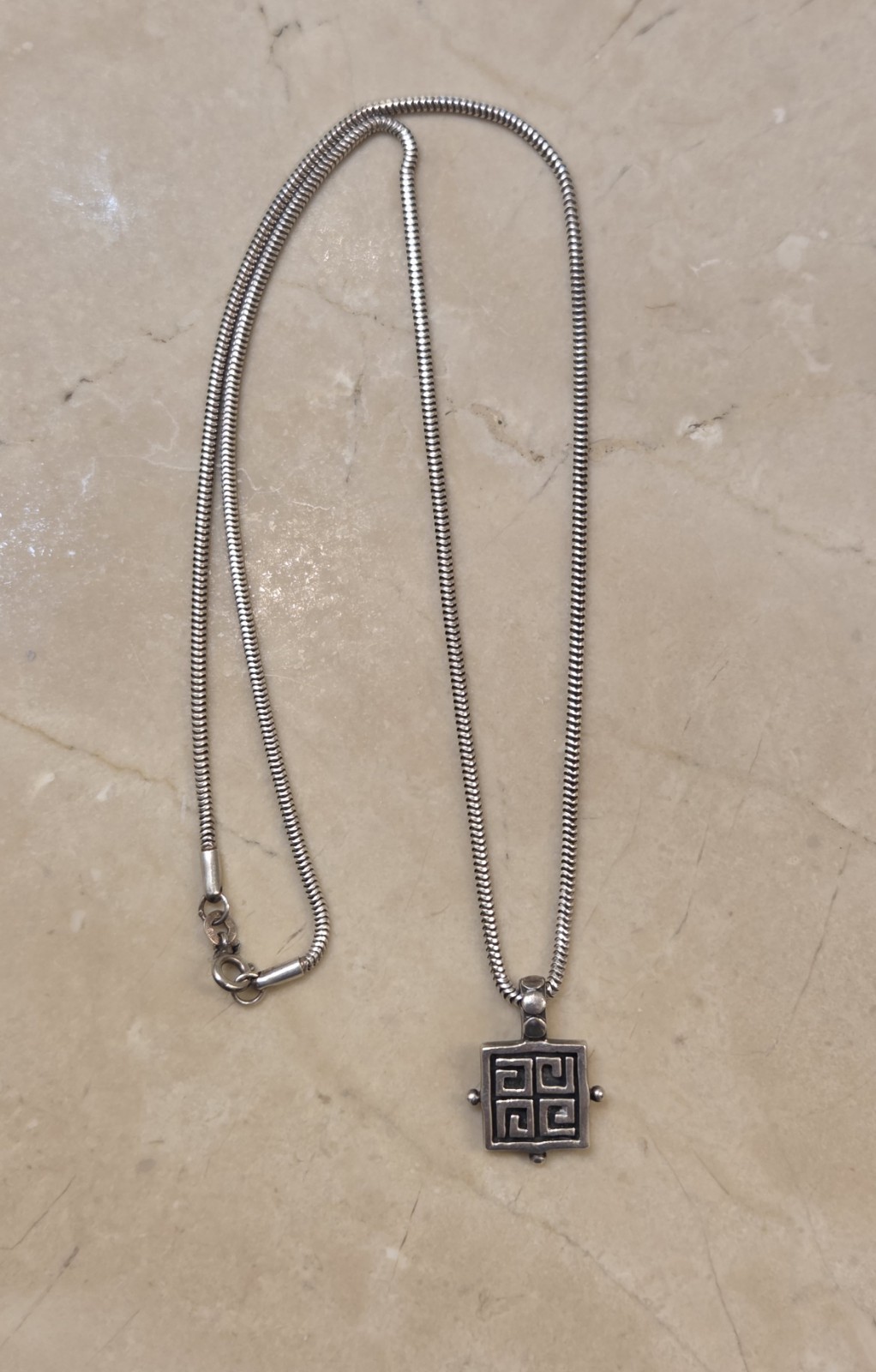 Unique Vintage Sterling Silver Greek Key Pendant Snake Braid Sterling Chain 21″