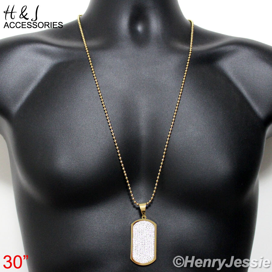 20″-30″MEN Stainless Steel 2.5mm Gold Plated Beads Chain CZ Dog Tag Pendant*GP43