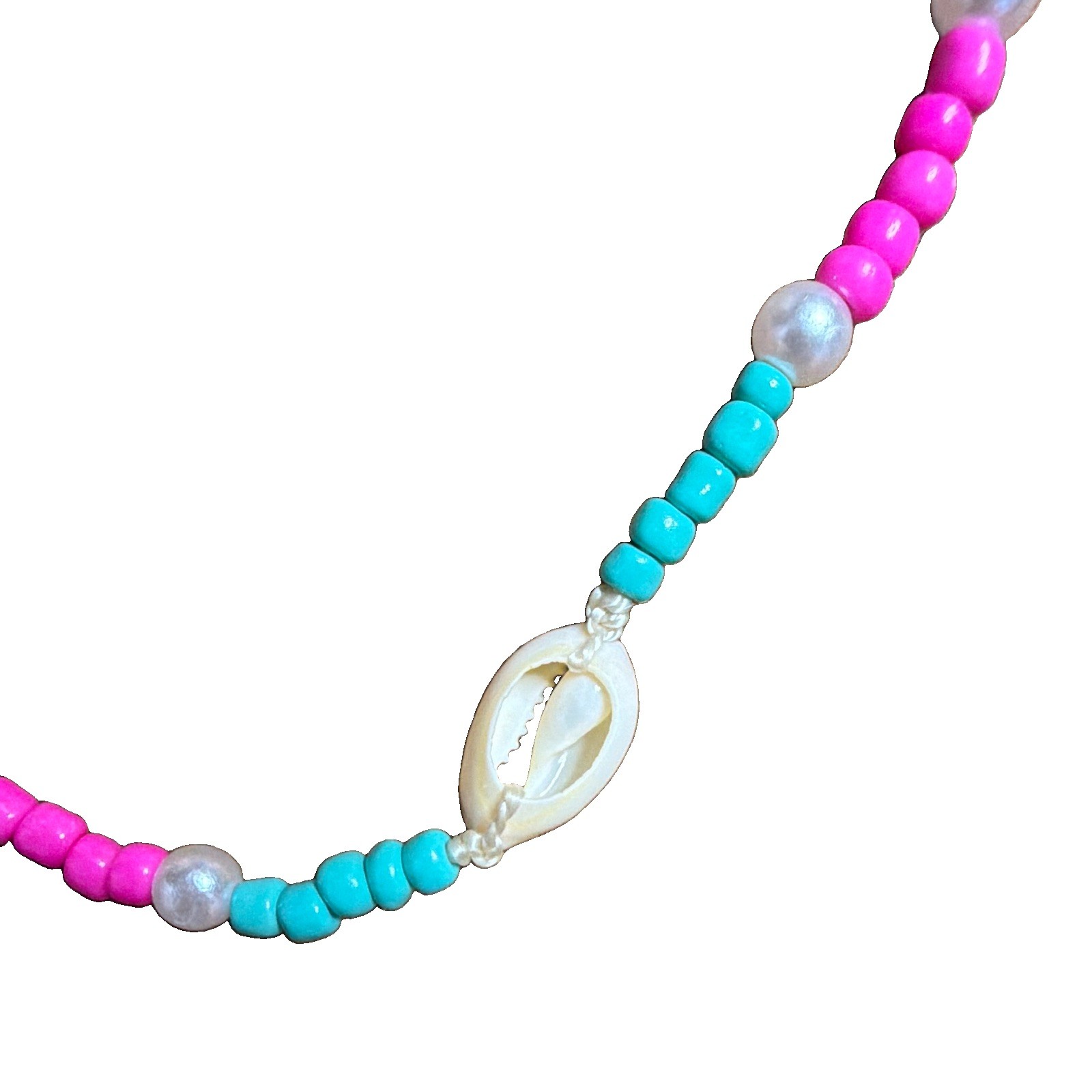 Seed Bead Faux Pearl & Cowrie Shell 16inch Mermaid Colorful Beach Necklace