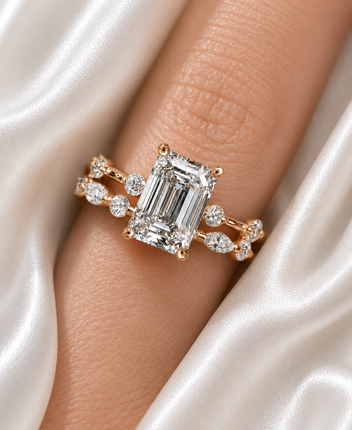 18K Yellow Gold IGI Lab Grown Diamond Wedding Ring Band Set 4.80 CT Emerald Cut