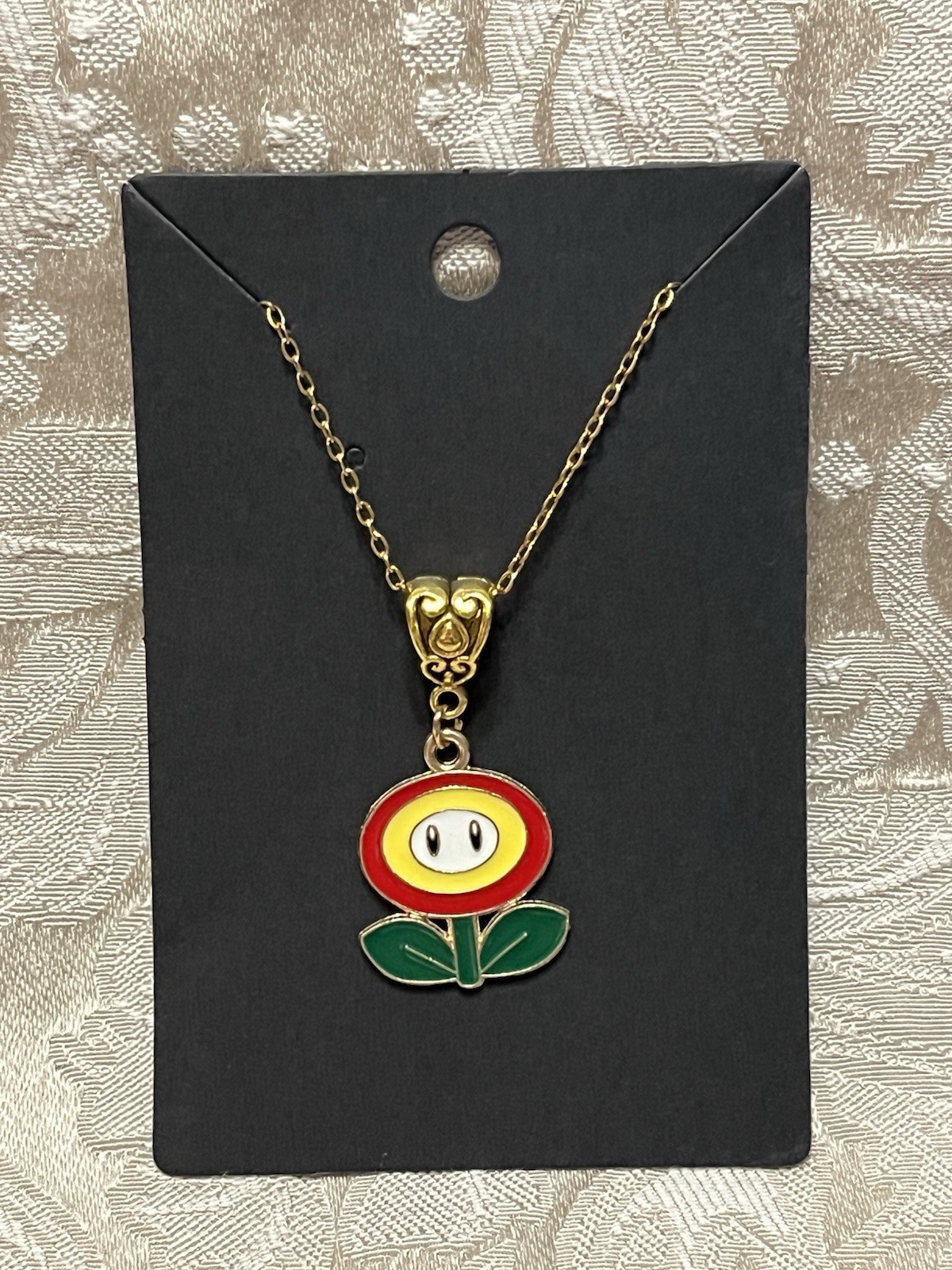 Flower Mario Luigi Cartoon Video Game Enamel Charm Gold Adorable Necklace 18”
