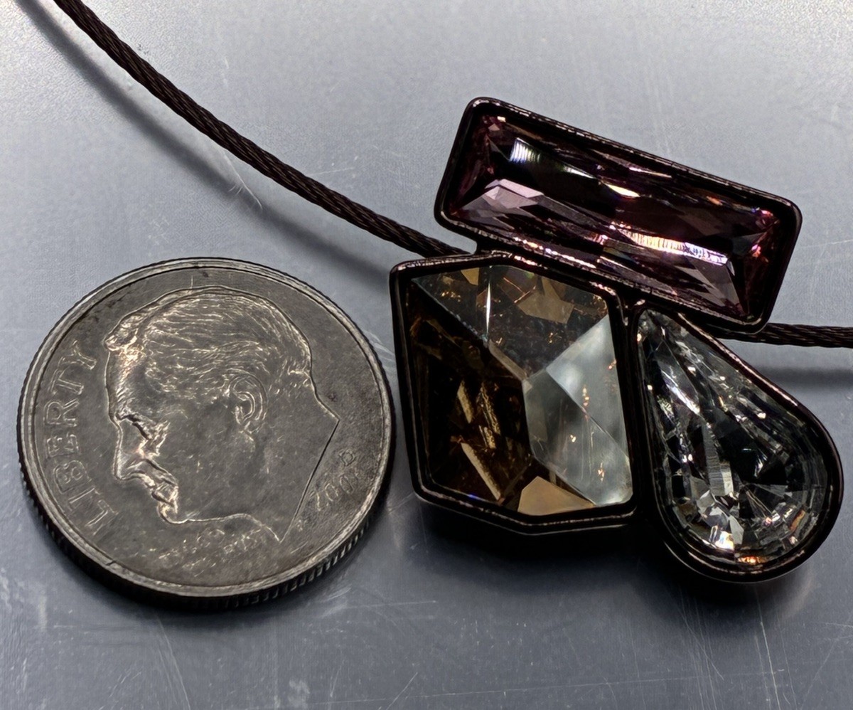 Touchstone Three Color Crystal Slide Pendant on Brown Rhodium Plated Cord