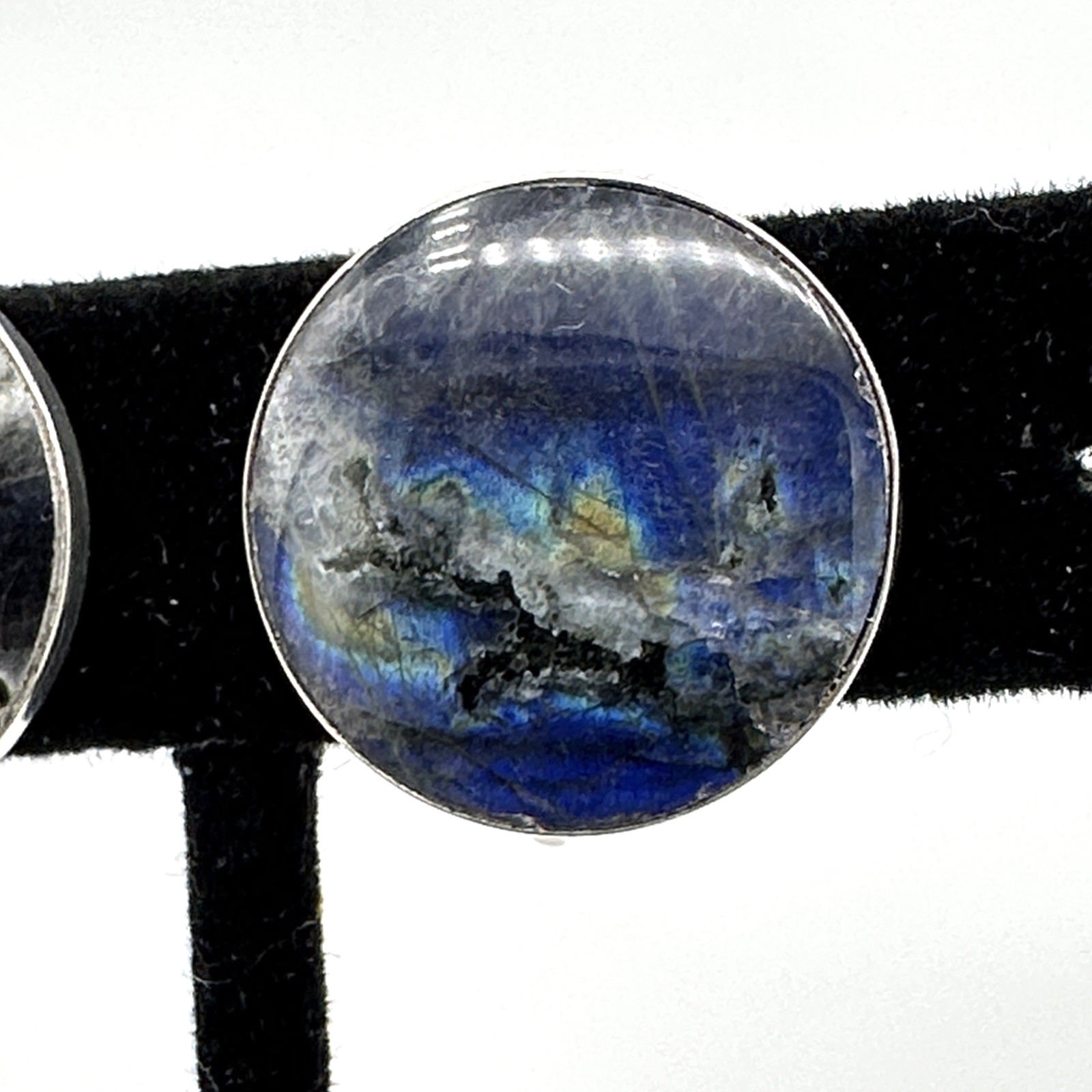 LABRADORITE vintage earrings – round blue-flash gray stone signed 3/4″ clip-ons