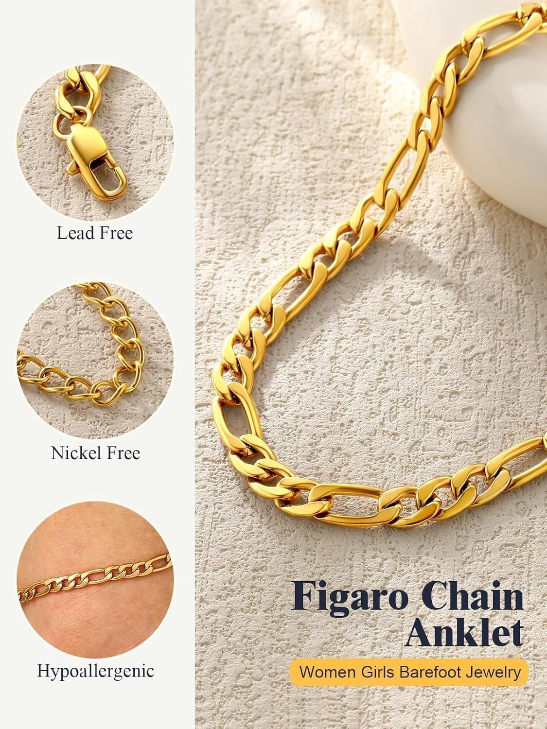 Classic Stainless Steel Figaro Chain Anklet – Adjustable & Hypoallergenic