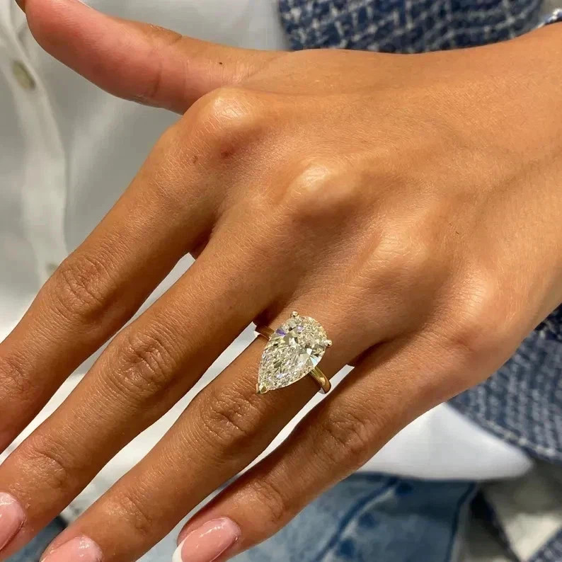 3Ct Pear-Cut VVS1 Moissanite Solitaire Engagement Ring 14K Yellow Gold Plated