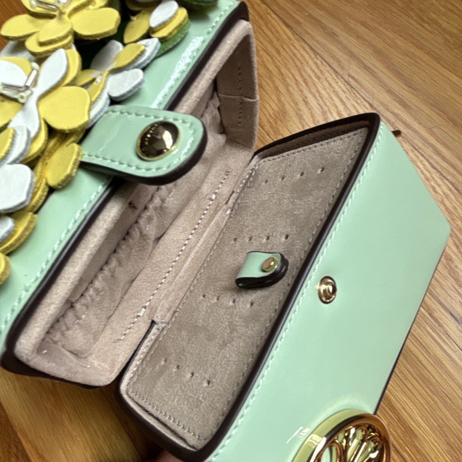 Kate Spade Floral Novelty Jewelry Box, Faux Leather Lined, Green White Yellow