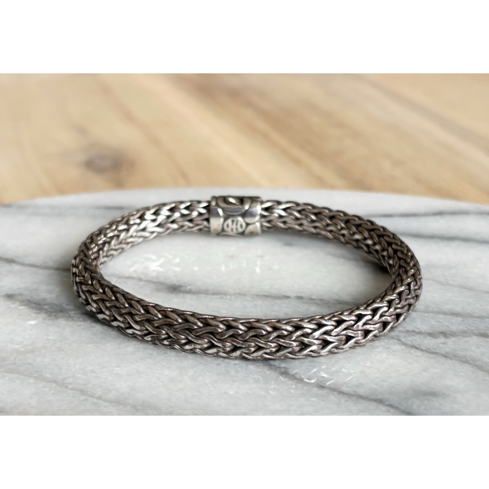 John Hardy Kali Pebble Sterling Silver Weave Chain Push Lock Bracelet 7.75”