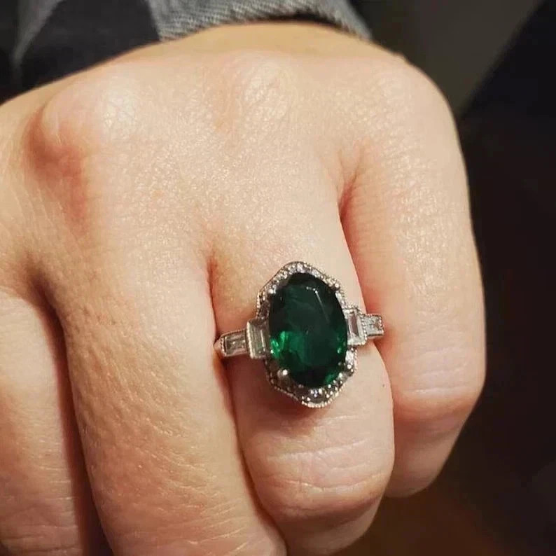 3.65 Ct Oval Cut Natural Emerald Diamond Wedding Ring 14k White Gold