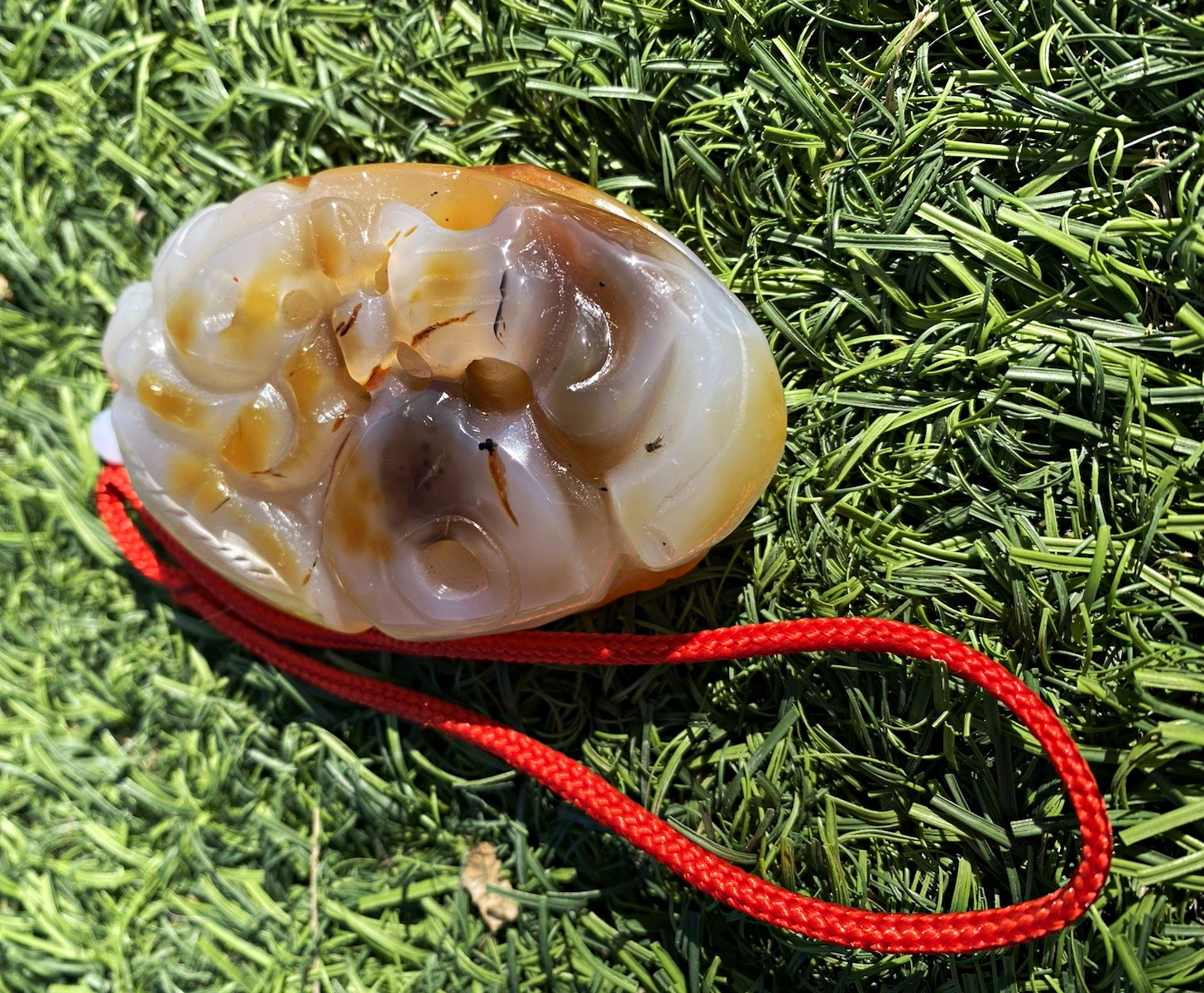 Agate Carved Oval Stone Pendant Necklace w/ Adjustable Red Cord, Brown White