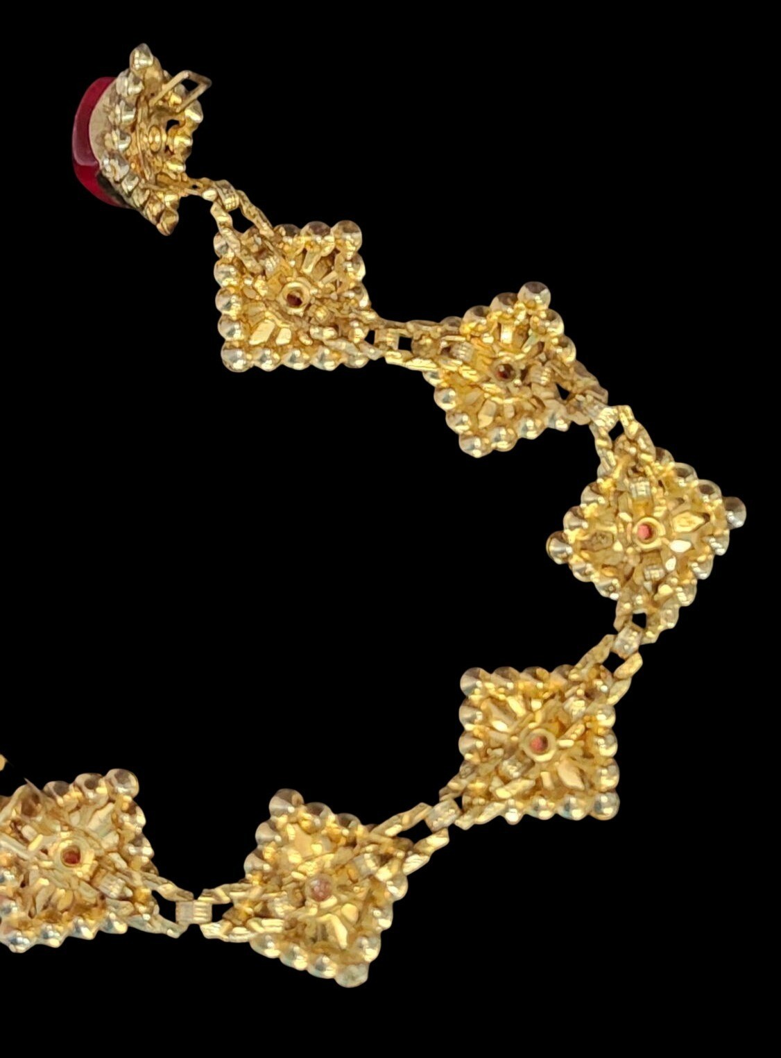 Vintage Gold Tone Bracelet Red Acrylic Stones Rhinestone Accents Victorian Rev