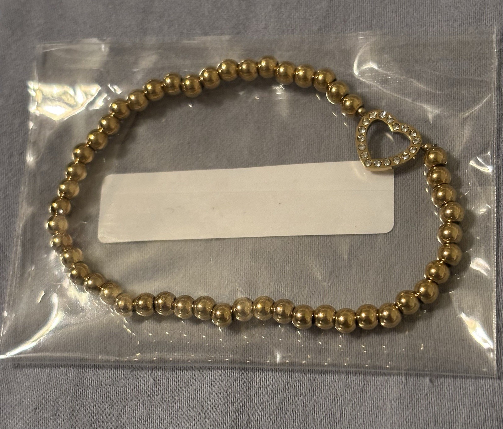 18k PVD Gold Stainless Steel Beaded Bracelet with Open Heart And Clear Stones