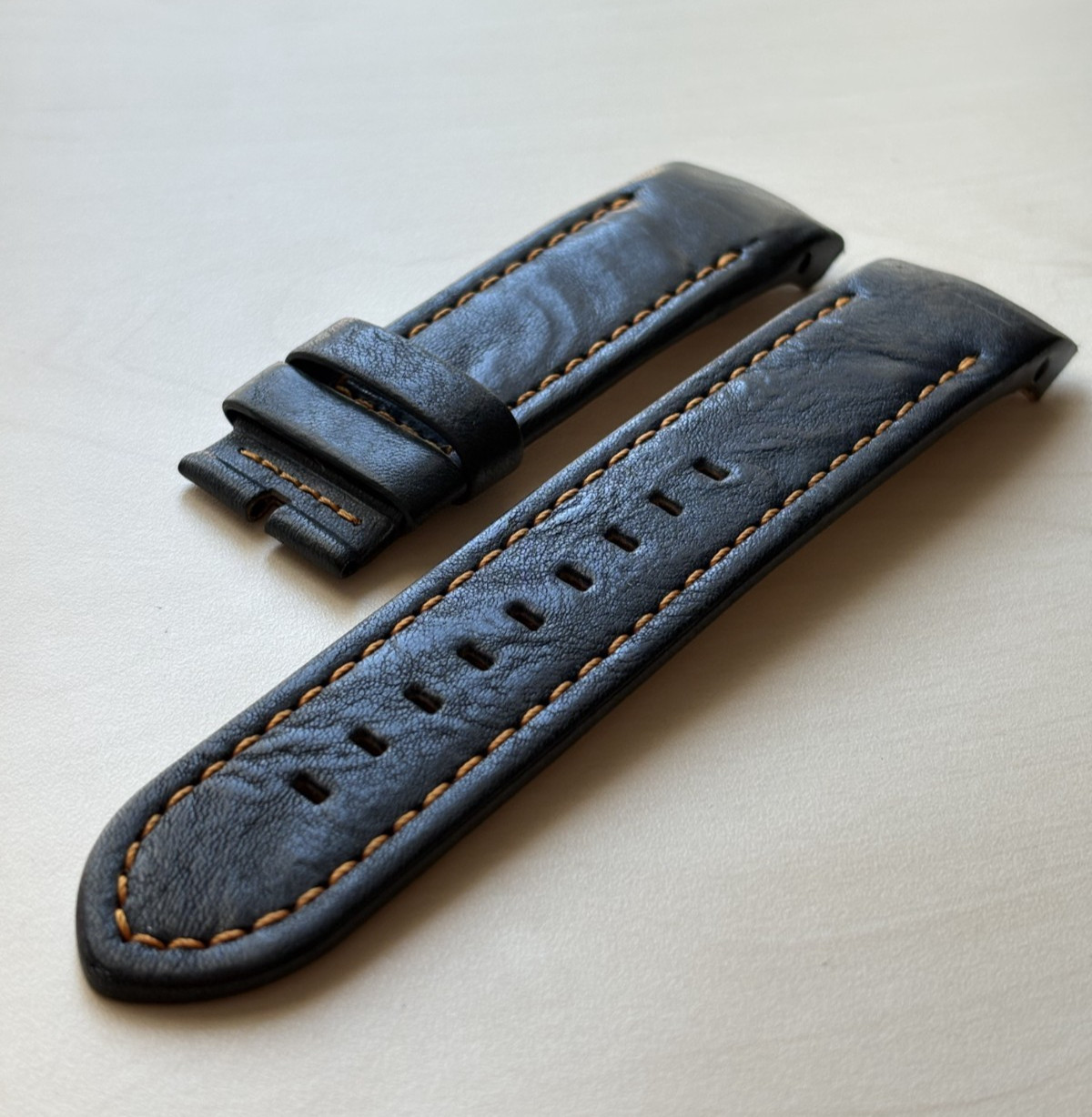 24 mm Vostok Europe Anchar Dark blue leather strap, orange stiching, no buckle
