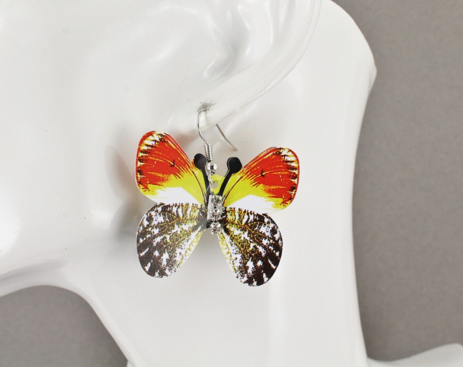 Red Yellow Black butterfly earrings 3D dangle 1 5/8″ long Very lightweight wings