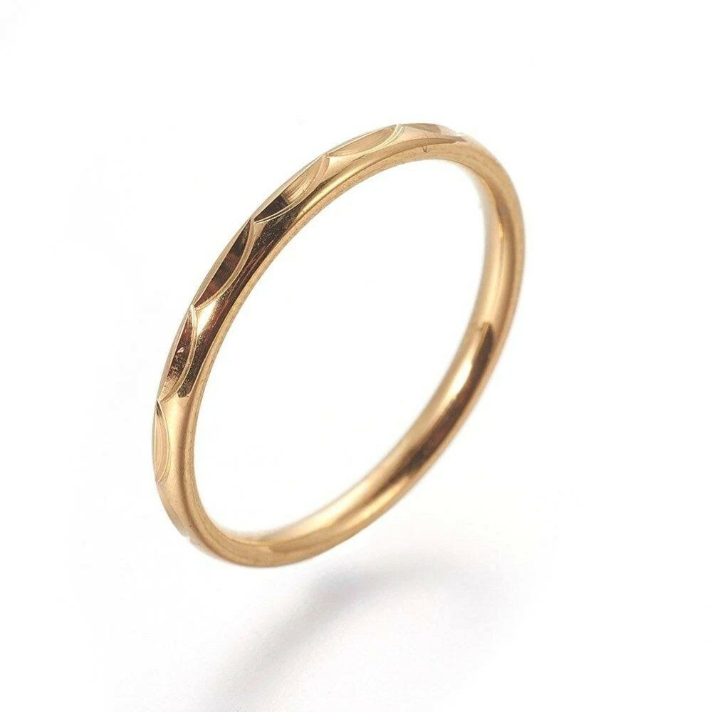 Silver or Plated Gold Ring Stainless Steel Etched Wedding Band 2MM – Style #1