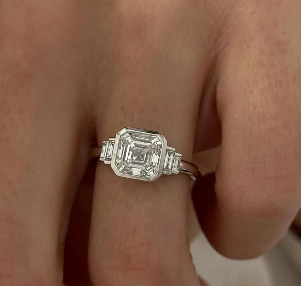 IGI 3.75 CT Asscher F-VS1 Lab Grown Diamond Women Engagement Ring 14k White Gold