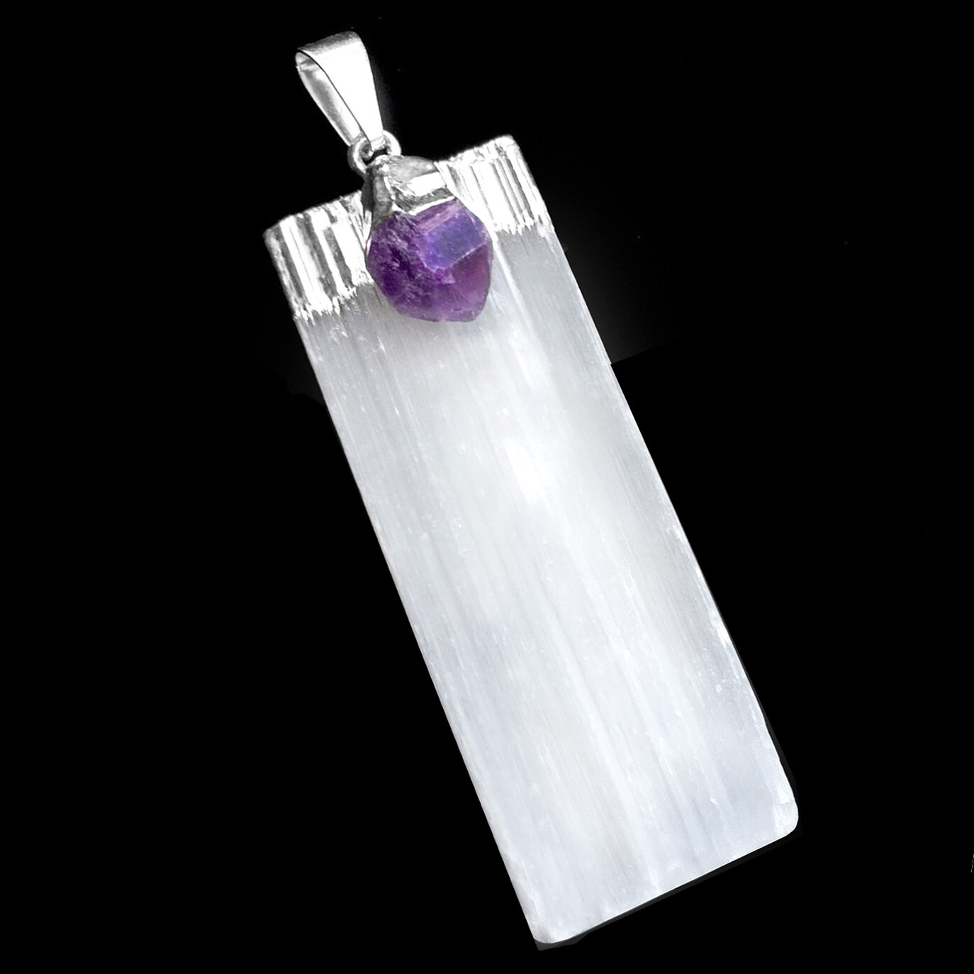 Selenite Amethyst Chakra Crystal Pendant CHARGED 925 Sterling Silver Necklace He