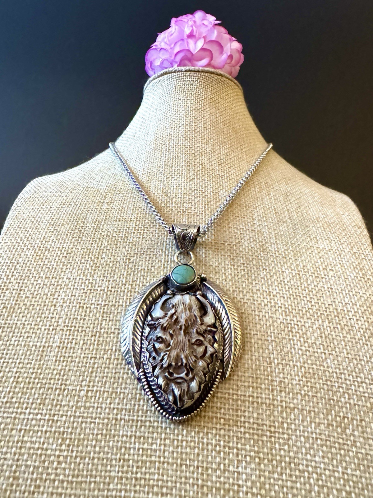 Hand Carved Bone Pendant,Bison Art,Auspicious Floral Carving,Turquoise & Silver