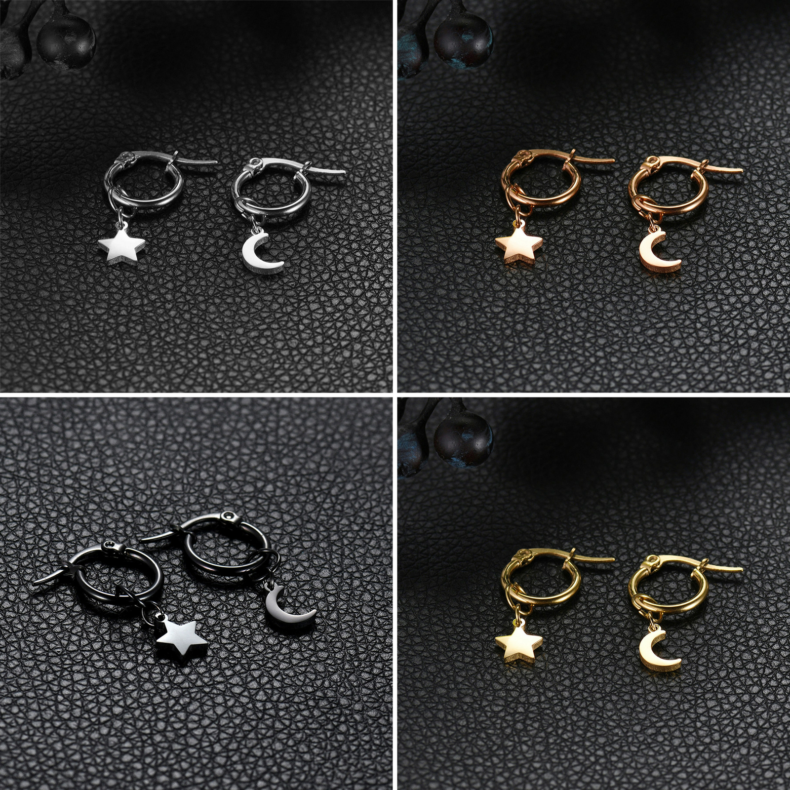 2Pcs Women Mens Stainless Steel Star Moon Asymmetrical Dangle Drop Hoop Earrings