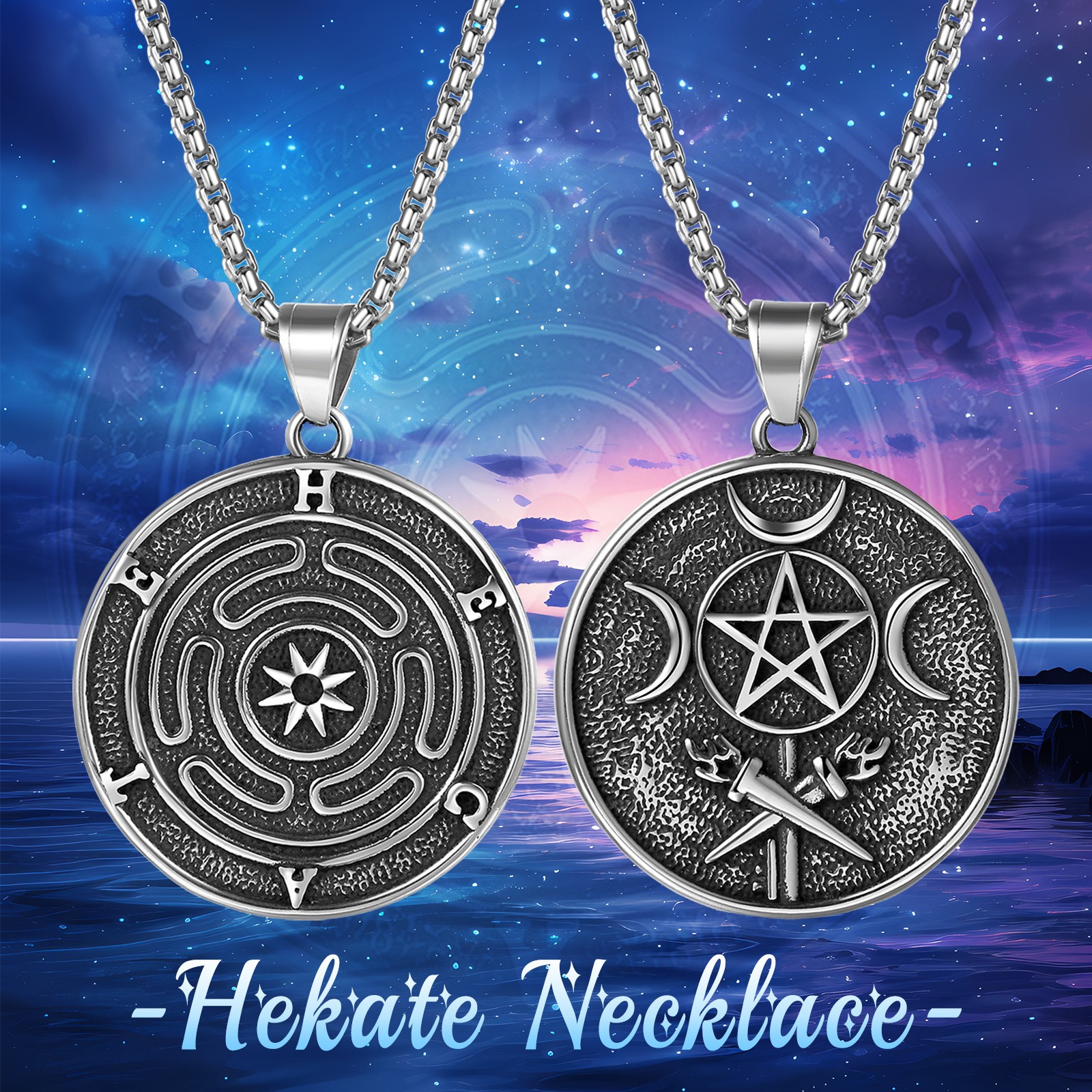 Men Hecate Triple Goddess Moon Coin Pendant Necklace Greek Mythology Jewelry