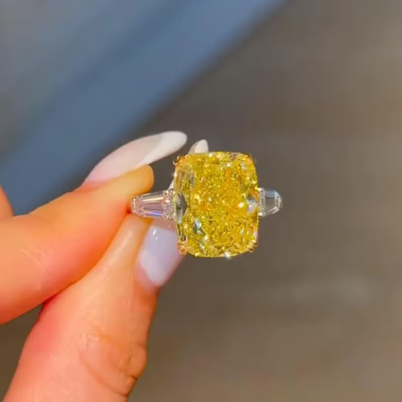 4.80Ct Cushion Cut Natural Yellow Sapphire & Diamond 14K White Gold Luxury Ring