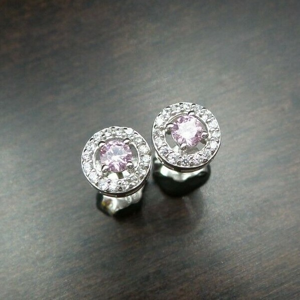 Gorgeous YGI Sterling Silver & Pink/Clear Cubic Zirkonia Micropave Stud Earrings