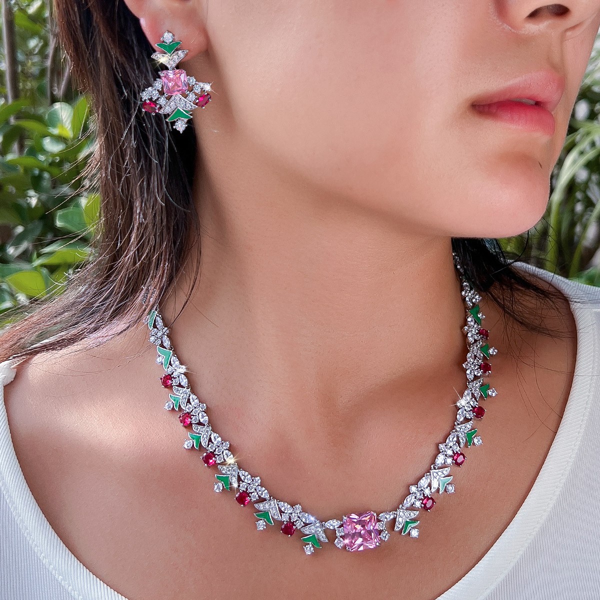 Christmas Tree Drop Earrings and Necklace Silver Plated Zircon Party Jewelry Set