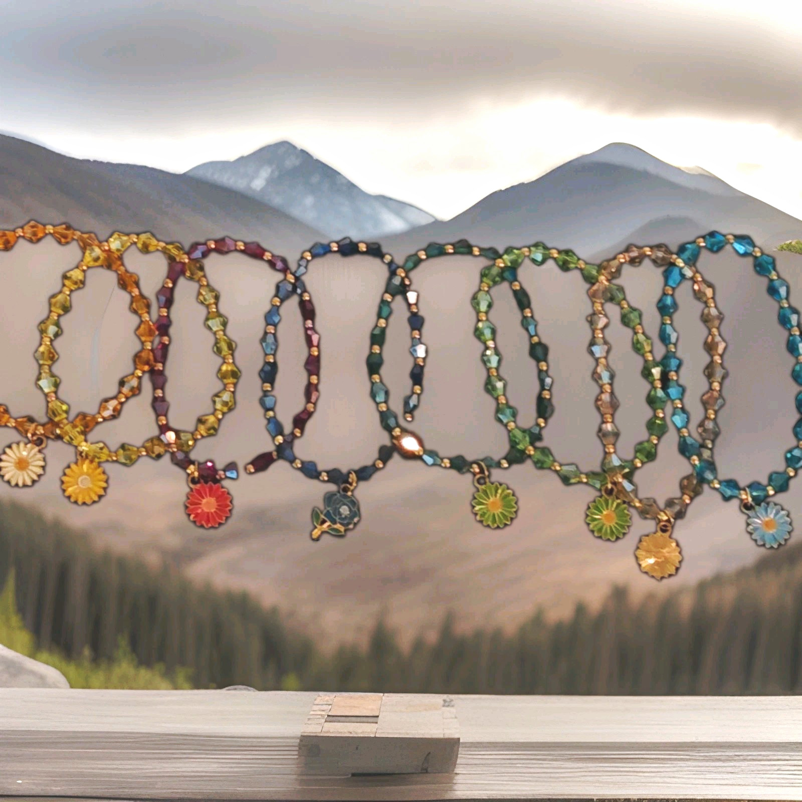 Crystal Beaded Stretch Bracelet, Flower Charm, Multicolor Flowers. 6 1/2 16.5cm