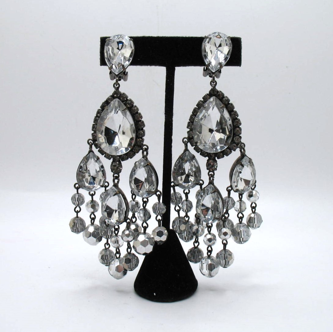 Vintage RJ Graziano clip statement chandelier rhinestone & crystal bead earrings