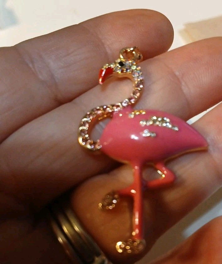 Flamingo Dark Pink Enamel And Rinestone Dangle Earrings Goldtone On Hooksl