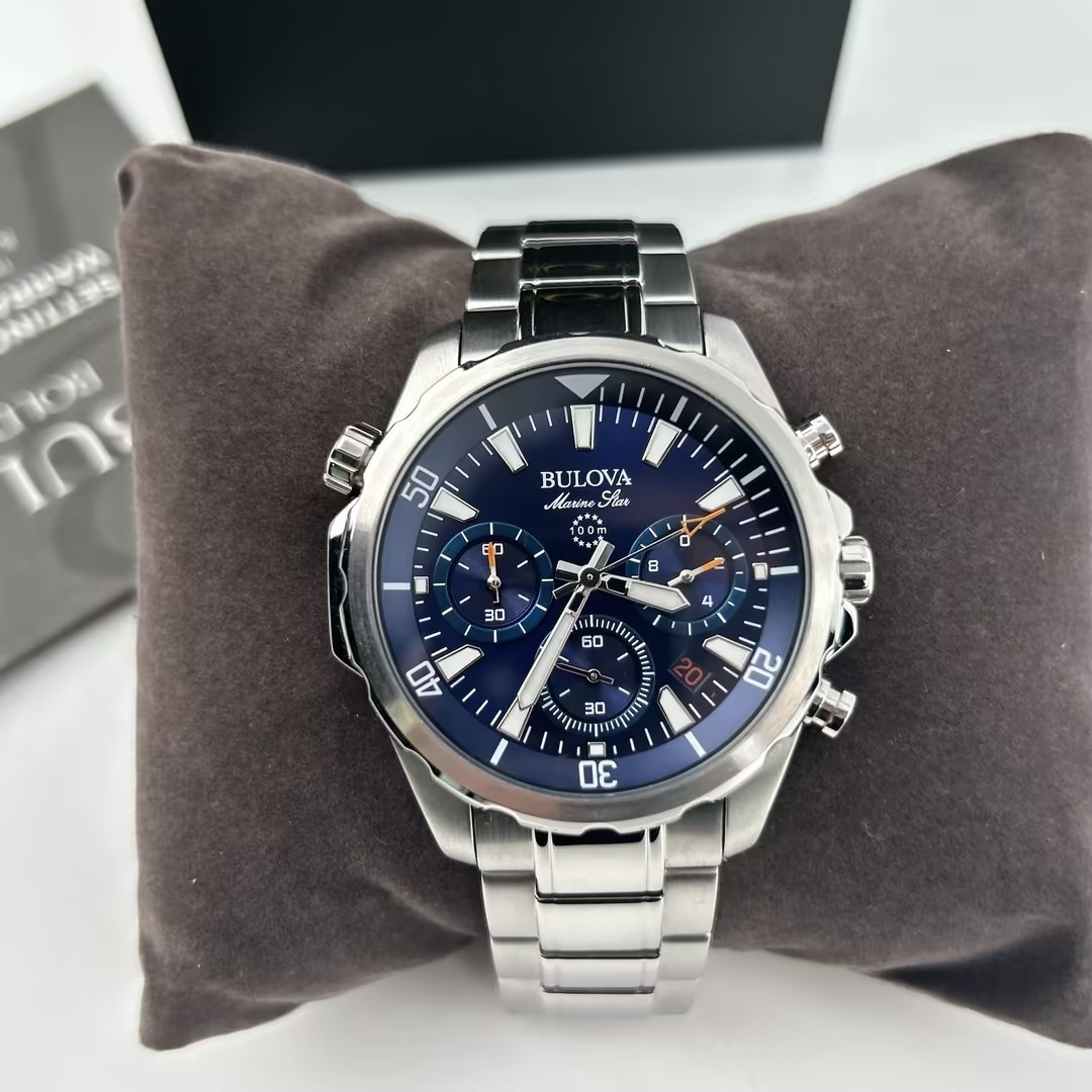 Bulova Men’s Marine Star 96B256 Blue Dial Chronograph Quartz Watch New 43mm