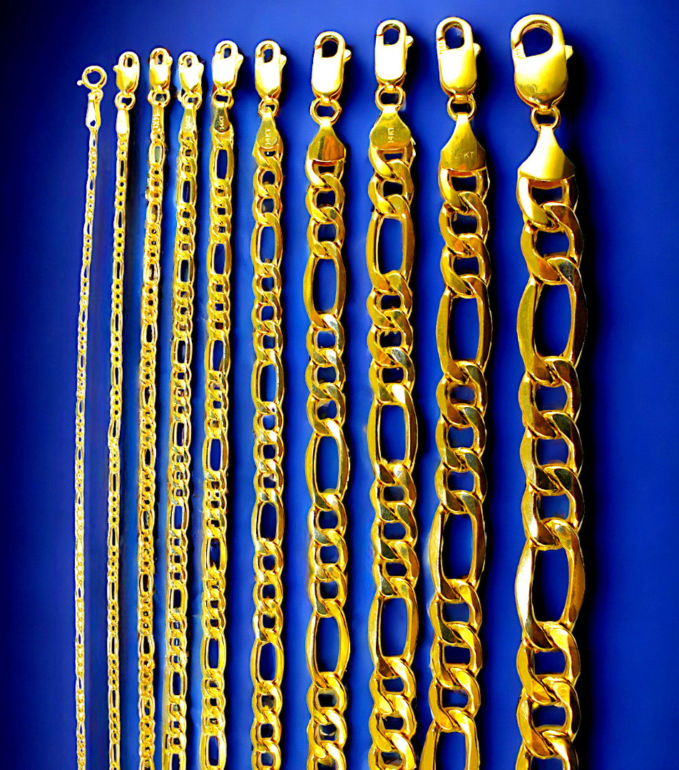 14K Yellow Gold Figaro Necklace Bracelet Chain Italian Real 1.5mm-12mm 7″-30″