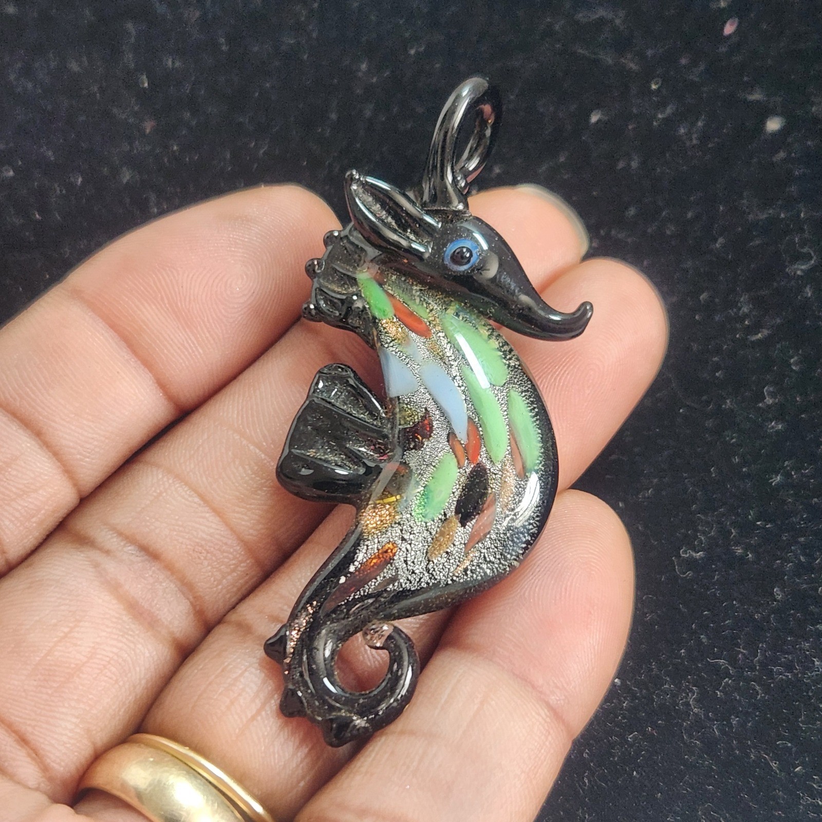 Handblown Lampwork Glass Seahorse Pendant Black Multi Color Dichroic Art Glass