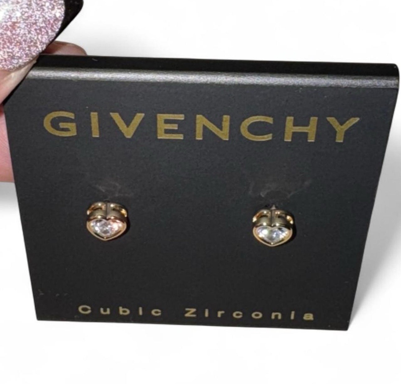 Givenchy Heart Stud Earrings Gold Tone Cubic Zirconia