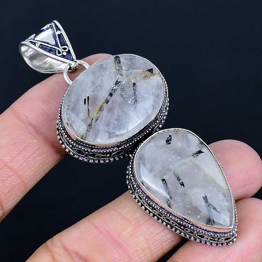 Black Rutile Handmade 925 Sterling Silver Jewelry Pendant 2.87″