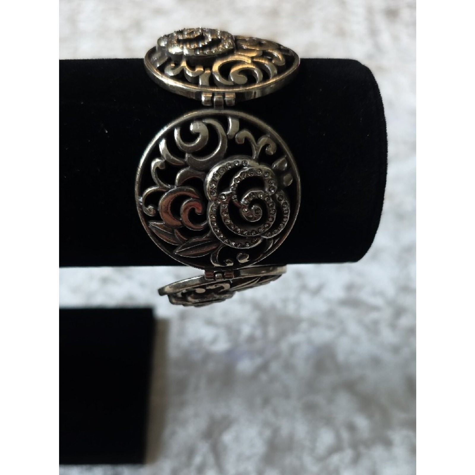 Brighton Retired Deco Rose Flower Silver Crystal Bracelet